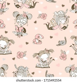 Seamless pattern with cute reading girls. Vector.
