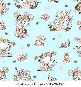 Seamless pattern with cute reading girls. Vector.