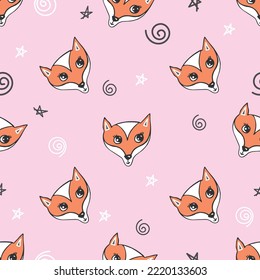 Seamless pattern. Cute red animal baby fox on pink. Vector print for baby girl. Wrapping paper pattern.