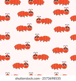 A seamless pattern of cute red ants with smiling faces on a white background. The ants are evenly spaced and drawn in a playful cartoon style