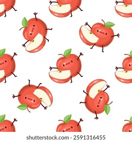 Seamless pattern with cute red apple characters in flat style on white background

