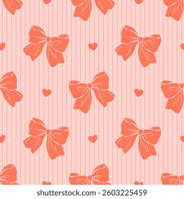 seamless pattern with cute red bow on pink background. Hand drawn vector illustration. Perfect for wedding design, party decoration, wrapping paper and textile