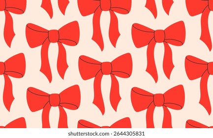 Seamless pattern with cute red bows. Gift coquette ribbons background. Modern bow design for print, textile, wrapping paper, fashion, fabric, wallpaper, cover. Hand drawn flat vector illustration
