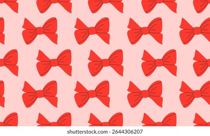 Seamless pattern with cute red bows. Gift coquette ribbons background. Modern bow design for print, textile, wrapping paper, fashion, fabric, wallpaper, cover. Hand drawn flat vector illustration