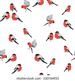 Seamless pattern with cute Red Bullfinches. Confetti. Small bird on a White background. Black and white.