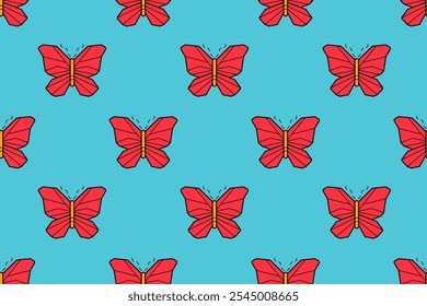 Patrón sin fisuras con mariposas rojas lindas. Fondo de primavera y verano dibujado a mano con insecto volador. Patrón plano de la historieta con la mariposa, Ilustración vectorial