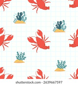 Seamless Pattern with cute red cancer animal on white checkered Background with algae. Vector Illustration 