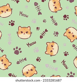 Seamless pattern of a cute red cats, bone and animal's paws. Vector illustration on a green background. Cartoon style flat design. Concept for children print.