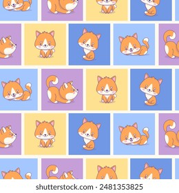 Seamless pattern with cute red cats on colorful background. Funny cartoon kawaii animal. Vector illustration. Kids collection