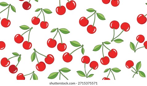 Seamless pattern of cute red cherries with green leaves and stems, scattered on a white background, creating a fresh and sweet fruit design.