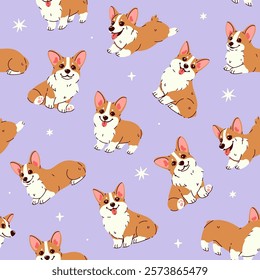 Seamless pattern with cute red corgis on a light purple background. Vector graphics.