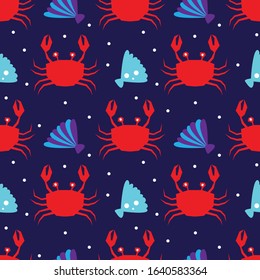 seamless pattern cute red crab with seashell and dark blue background
