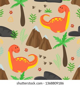 seamless pattern with cute red dinosaur and mountains - vector illustration, eps