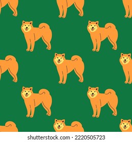 Seamless pattern with cute red dogs on green background. Modern design for fabric and paper, surface textures.