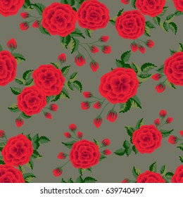 Seamless pattern in cute red flowers of painted roses and branches. Floral background for textile, wallpaper, pattern fills, covers, surface, print, gift wrap, scrapbooking, decoupage.