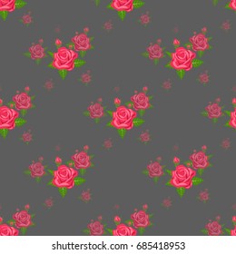 Seamless pattern in cute red flowers of painted roses and branches. Floral background for textile, wallpaper, pattern fills, covers, surface, print, gift wrap, scrapbooking, decoupage.