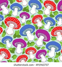 Seamless pattern with cute red fly-agaric amanita mushrooms, green leaves and other elements. Green background. Colorful autumn vector pattern.