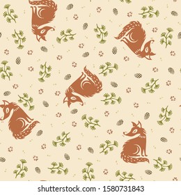 Seamless pattern with cute red fox, pine branches, cones, footprints and spots. Light yellow background. Children's vector illustration for design, decoration and printing.