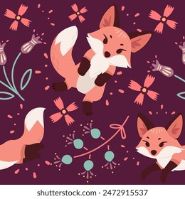 Seamless pattern cute red fox cartoon animal design vector illustration on red background