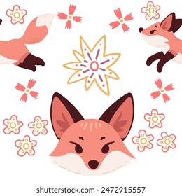 Seamless pattern cute red fox cartoon animal design vector illustration on white background