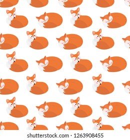 Seamless pattern with cute red foxes on a white background, vector illustration