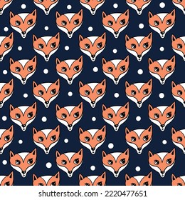 Seamless pattern with cute red foxes on navy color. Hand drawn vector Illustration for baby t-shirt print, fashion print design, kids wear, baby shower celebration greeting and invitation card.