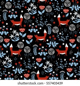 Seamless pattern with cute red foxes on the doodle flower background. Elegant vector background.