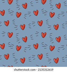 seamless pattern with cute red heart on blue background. vector illustration in doodle style