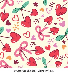 Seamless pattern of cute red heart cherry cartoon. It's a pattern that looks feminine. Pattern for fabric and wrapping paper, Pattern for design wallpaper and fashion prints.