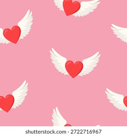 Nahtloses Muster mit süßen roten Herzen mit weißen Flügeln auf rosafarbenem Hintergrund. Romantische Vektorgrafik für Valentinstag-Grußkarten, Hochzeitseinladungen, festliches Einwickelpapier und Textilien.