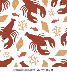 Seamless pattern with cute red lobsters, seaweed, shells and fish. Vector flat illustration isolated on white background. Marine print with sea and ocean animals