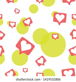 Seamless pattern of cute red love notification with white background and green circle on background.