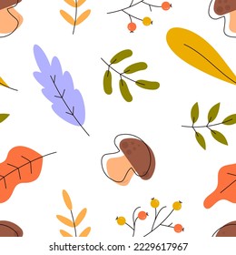 Seamless pattern with cute red mushrooms and leaves on white background. Autmn simple pattern. Perfect for wallpaper, gift paper, pattern fills, web page background, autumn greeting cards.