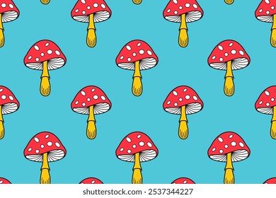 Seamless pattern with cute red mushrooms from fall forest. Hand drawn autumn background with amanita, fungi with red cap with white dots. Magic woodland pattern with mushrooms, vector illustration