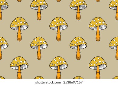 Seamless pattern with cute red mushrooms from fall forest. Hand drawn autumn background with amanita, fungi with yellow cap with white dots. Magic woodland pattern with mushrooms, vector illustration