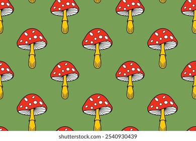 Padrão contínuo com cogumelos vermelhos bonitos da floresta de outono. Fundo de outono desenhado à mão com amanita, fungos com chapéu amarelo com pontos brancos. Padrão de floresta mágica com cogumelos, ilustração vetorial