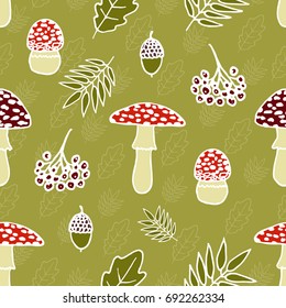 Seamless pattern with cute red mushrooms, leaves and other elements. Doodle style wallpaper 