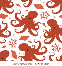 Seamless pattern with cute red octopuses, seaweed, shells, fish and starfish. Vector flat illustration isolated on white background. Marine print with sea and ocean animals