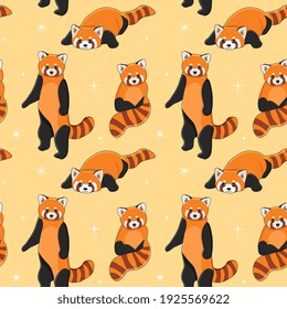 Seamless pattern of cute red panda in different poses. Cartoon design animal character flat vector style. Baby texture for fabric, wrapping, textile, wallpaper, clothing. 