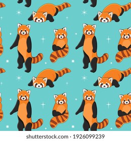 Seamless pattern of cute red panda in different poses. Cartoon design animal character flat vector style. Baby texture for fabric, wrapping, textile, wallpaper, clothing. 