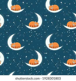 Seamless pattern with cute red panda sleepping on the half moon with a star. Illustration for banner, sticker and poster for baby rooms. Childish background.