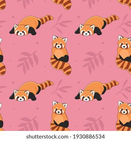 Seamless pattern of cute red panda and bamboo. Cartoon design animal character flat vector style. Texture for fabric, wrapping, textile, wallpaper, clothing. 