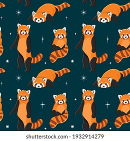 Seamless pattern of cute red panda in different poses. Cartoon design animal character flat vector style. Baby texture for fabric, wrapping, textile, wallpaper, clothing. 