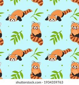 Seamless pattern of cute red panda and bamboo. Cartoon design animal character flat vector style. Texture for fabric, wrapping, textile, wallpaper, clothing. 