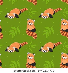 Seamless pattern of cute red panda and bamboo. Cartoon design animal character flat vector style. Texture for fabric, wrapping, textile, wallpaper, clothing. 