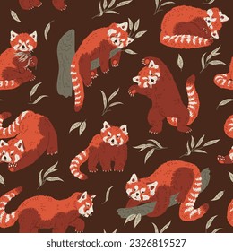 Seamless pattern of cute red panda in different poses with bamboo branches and leaves. Cartoon design animal character flat vector style. Baby texture for fabric, wrapping, textile, wallpaper