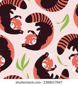 Seamless pattern with cute red panda, hand drawn in flat design