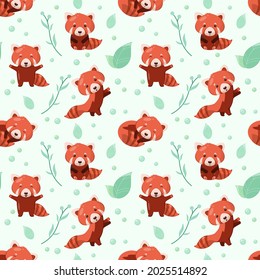 Seamless pattern with cute red pandas. Cartoon design of funny animals.