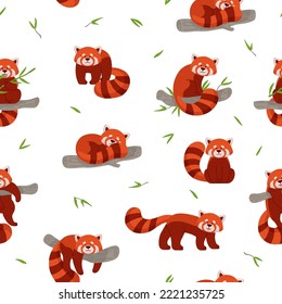 Seamless pattern with cute red pandas flat vector illustration on white background. Funny childish seamless endless pattern design with red panda characters.