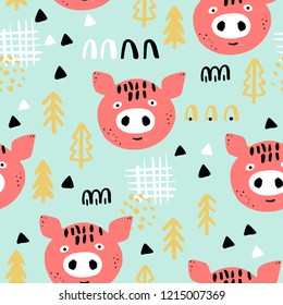 Seamless pattern with cute red pigs and trees on a green background. Childish illustration in vector.
